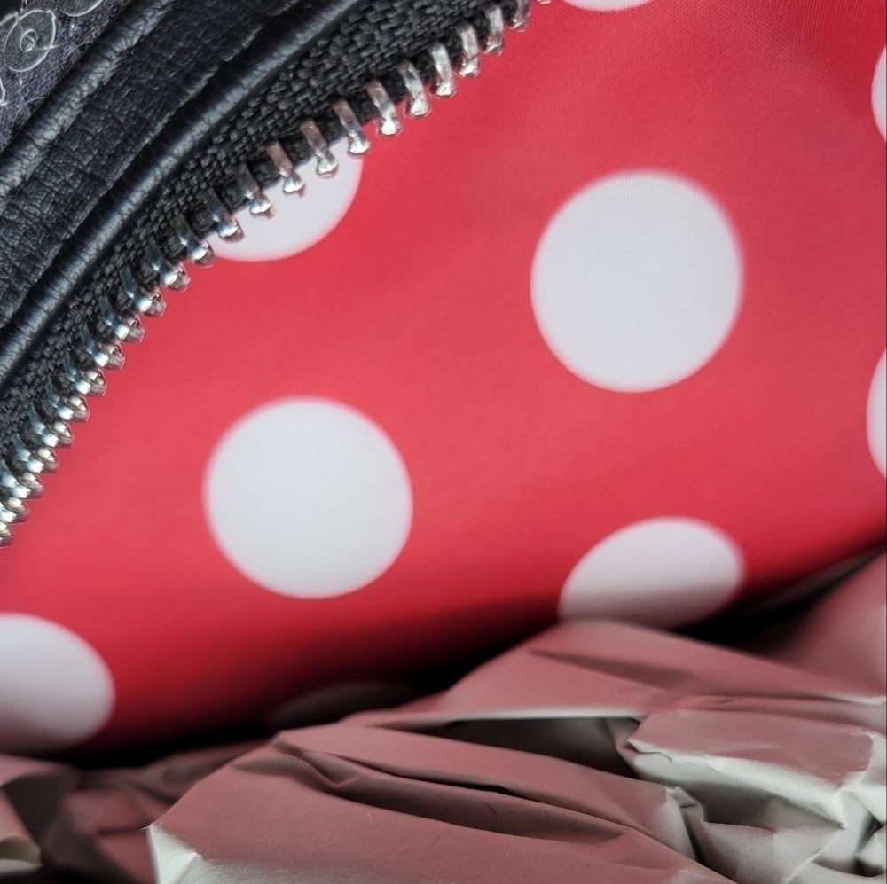 Loungefly Disney Minnie Mouse Sequined Polka Dot Black White Backpack - Picture 6 of 7